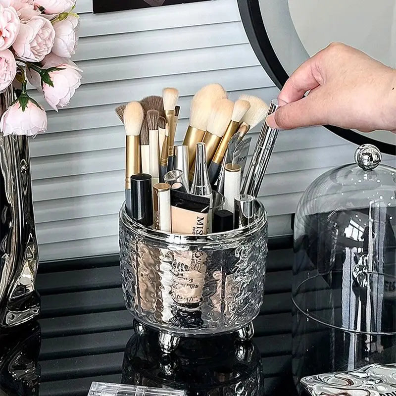 Lumora Makeup Brush Organizer with Lid | Dustproof & Rotatable | For Brushes, Lipsticks & Perfume | 360° Rotating | Silver/Gray