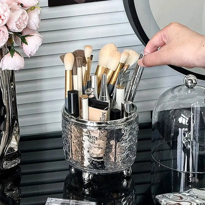 Lumora Makeup Brush Organizer with Lid | Dustproof & Rotatable | For Brushes, Lipsticks & Perfume | 360° Rotating | Silver/Gray