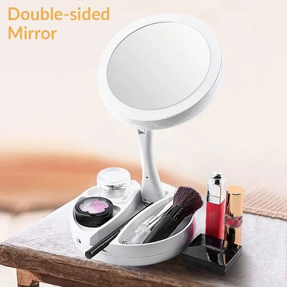 Glamora LED Travel Mirror | Dual-Sided & 10x Magnification | Foldable & Portable | With Accessory Compartment