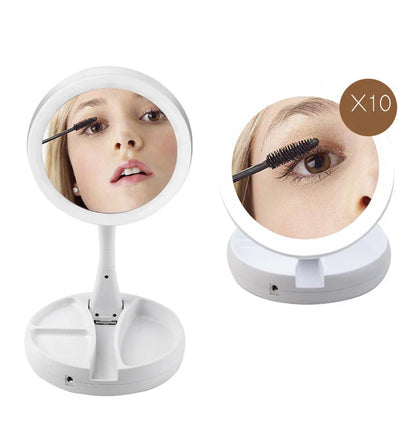 Glamora LED Travel Mirror | Dual-Sided & 10x Magnification | Foldable & Portable | With Accessory Compartment
