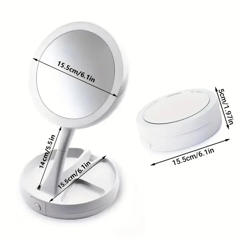 Glamora LED Travel Mirror | Dual-Sided & 10x Magnification | Foldable & Portable | With Accessory Compartment