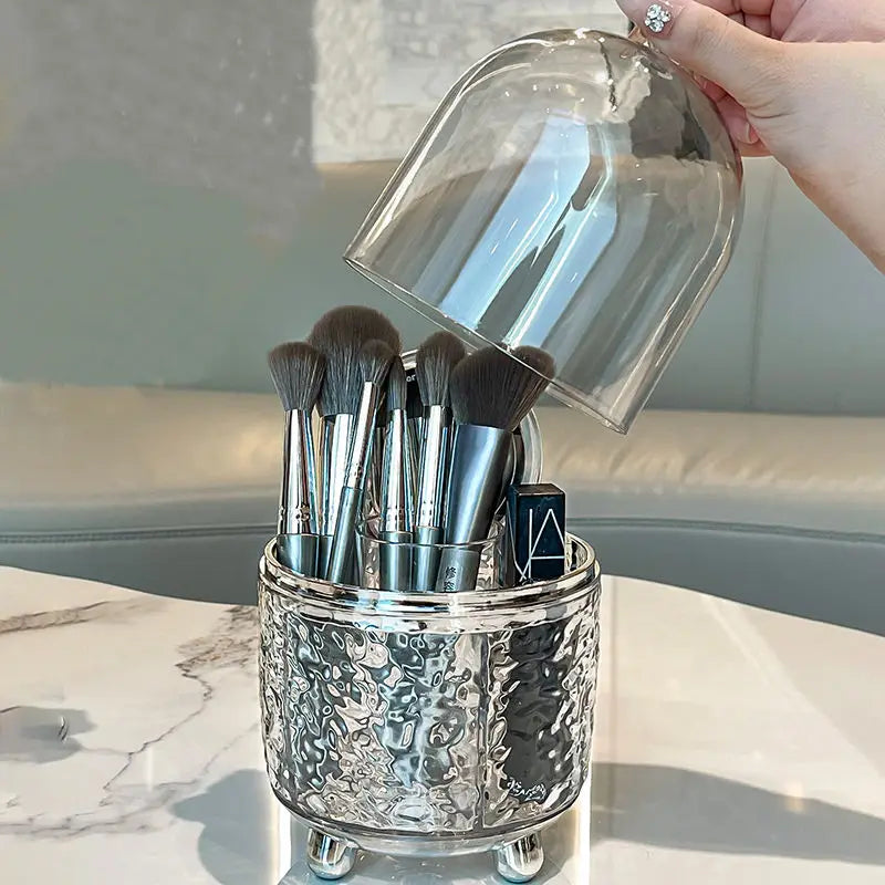 Lumora Makeup Brush Organizer with Lid | Dustproof & Rotatable | For Brushes, Lipsticks & Perfume | 360° Rotating | Silver/Gray