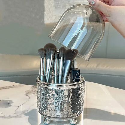 Lumora Makeup Brush Organizer with Lid | Dustproof & Rotatable | For Brushes, Lipsticks & Perfume | 360° Rotating | Silver/Gray