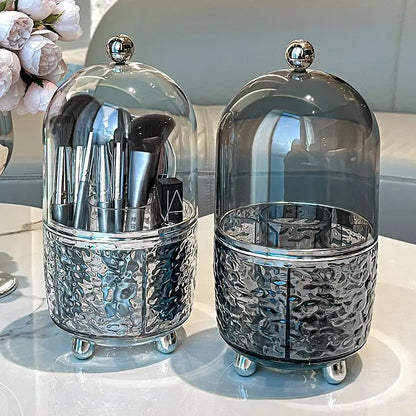 Lumora Makeup Brush Organizer with Lid | Dustproof & Rotatable | For Brushes, Lipsticks & Perfume | 360° Rotating | Silver/Gray