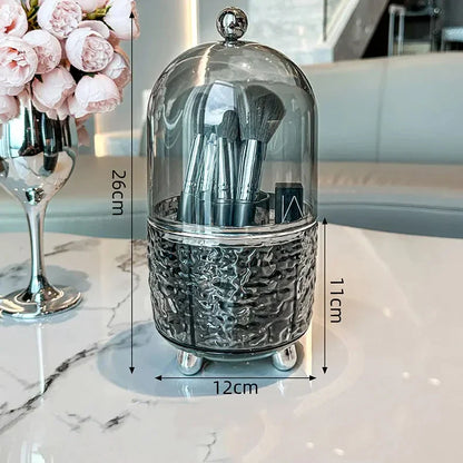Lumora Makeup Brush Organizer with Lid | Dustproof & Rotatable | For Brushes, Lipsticks & Perfume | 360° Rotating | Silver/Gray