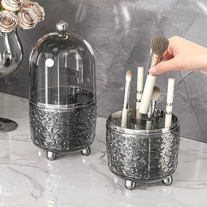 Lumora Makeup Brush Organizer with Lid | Dustproof & Rotatable | For Brushes, Lipsticks & Perfume | 360° Rotating | Silver/Gray